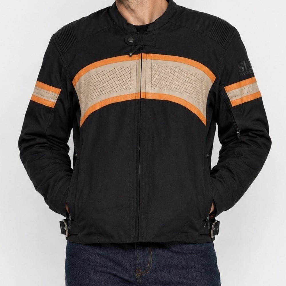 Speed and Strength Motorcycle Jacket Mens Black Orange Leather Trim Large L